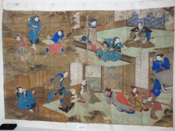 Rare et grande affiche de théâtre peinte XIXème - Gouache sur papier Japon